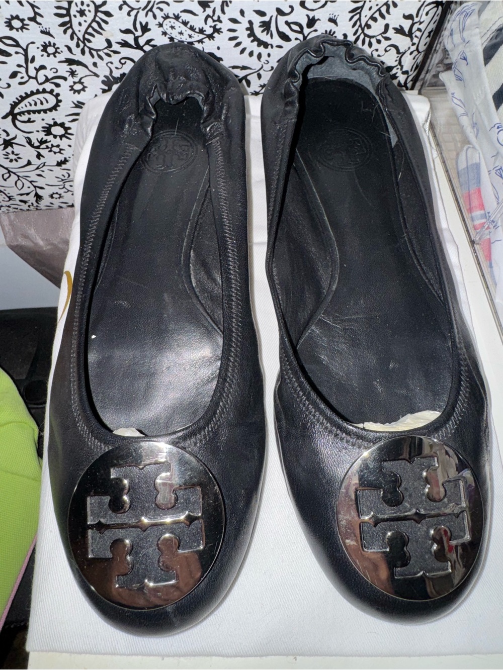 Tory Burch Black Leather Logo Ballet Flats with Silver Medallions